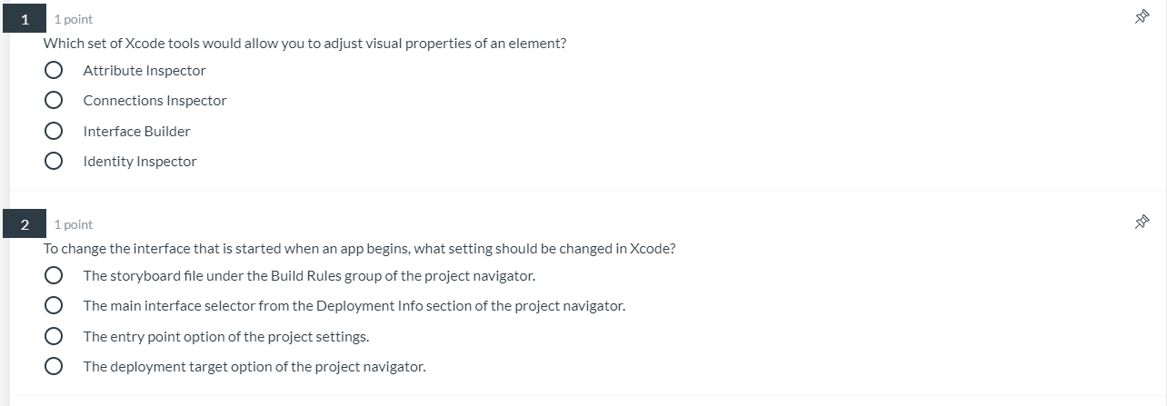 Solved 1 1 point Which set of Xcode tools would allow you to | Chegg.com