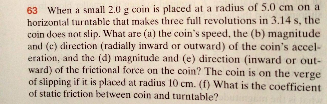 Solved 63 When a small 2.0 g coin is placed at a radius of | Chegg.com