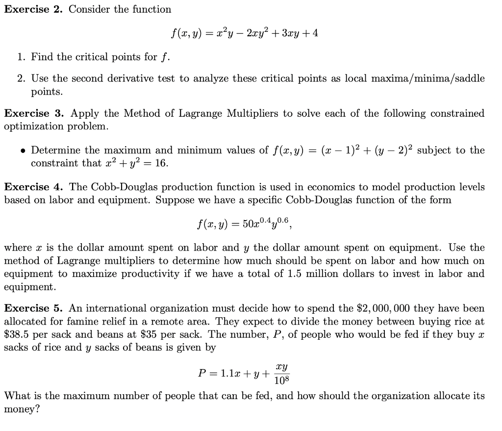 Solved Exercise 2. Consider the function f(x, y) = x²y – 2xy | Chegg.com