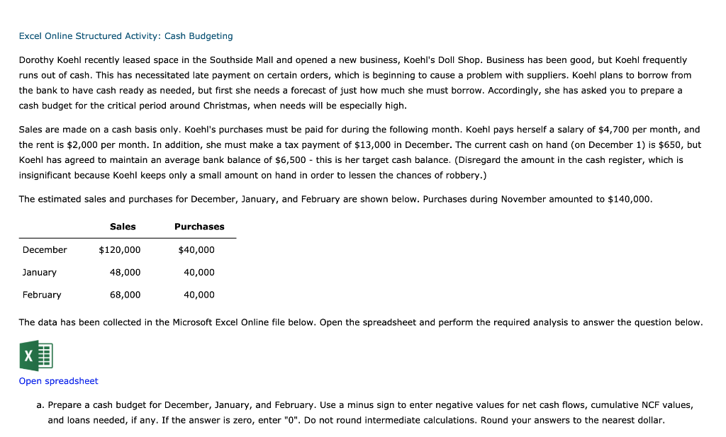 Solved Excel Online Structured Activity: Cash Budgeting Solved Excel Online Structured Activity: Cash Budgeting