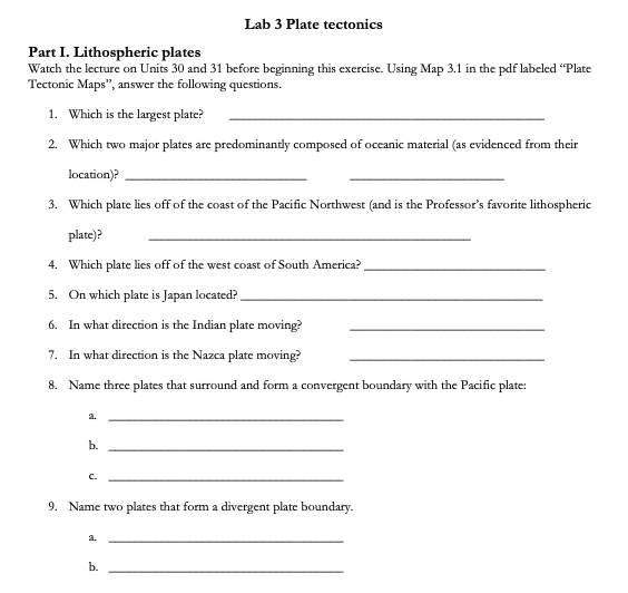 Solved Lab 3 Plate tectonics Part I. Lithospheric plates