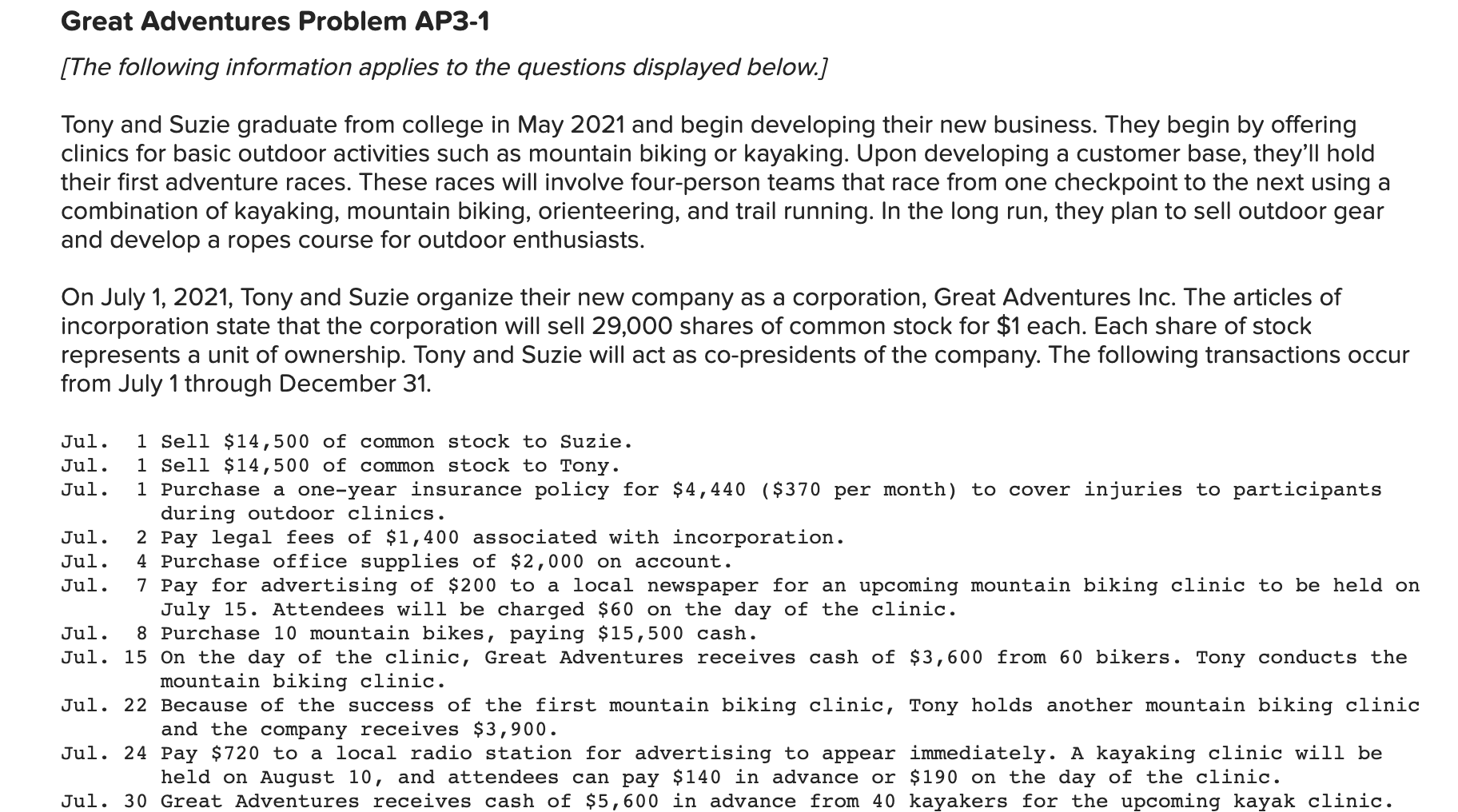 Solved Great Adventures Problem AP3-1 (The following | Chegg.com