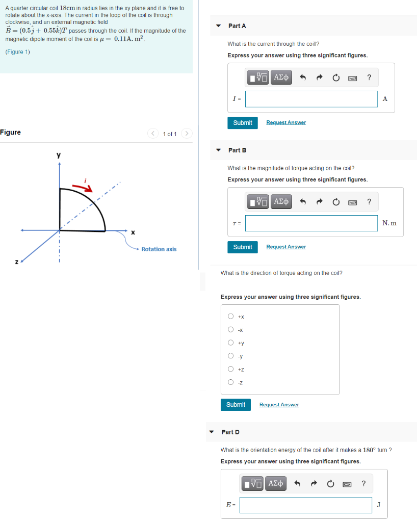 Solved A quarter circular coil 18cm in radius lies in the xy | Chegg.com
