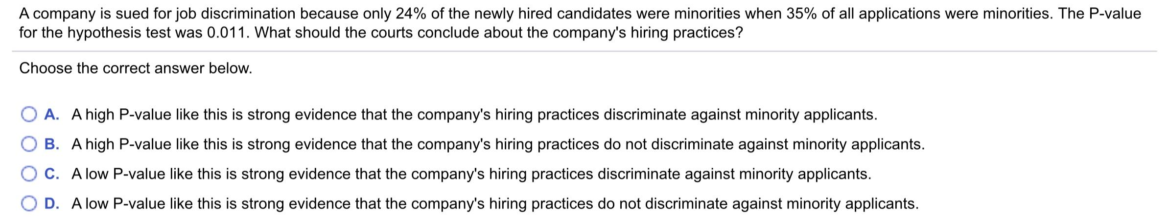 Solved A company is sued for job discrimination because only | Chegg.com