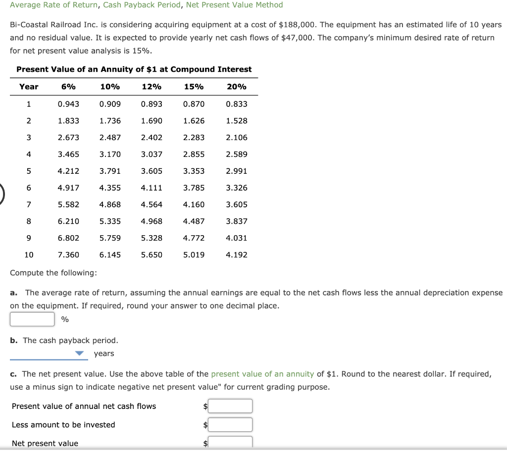 Solved Average Rate of Return, Cash Payback Period, Net