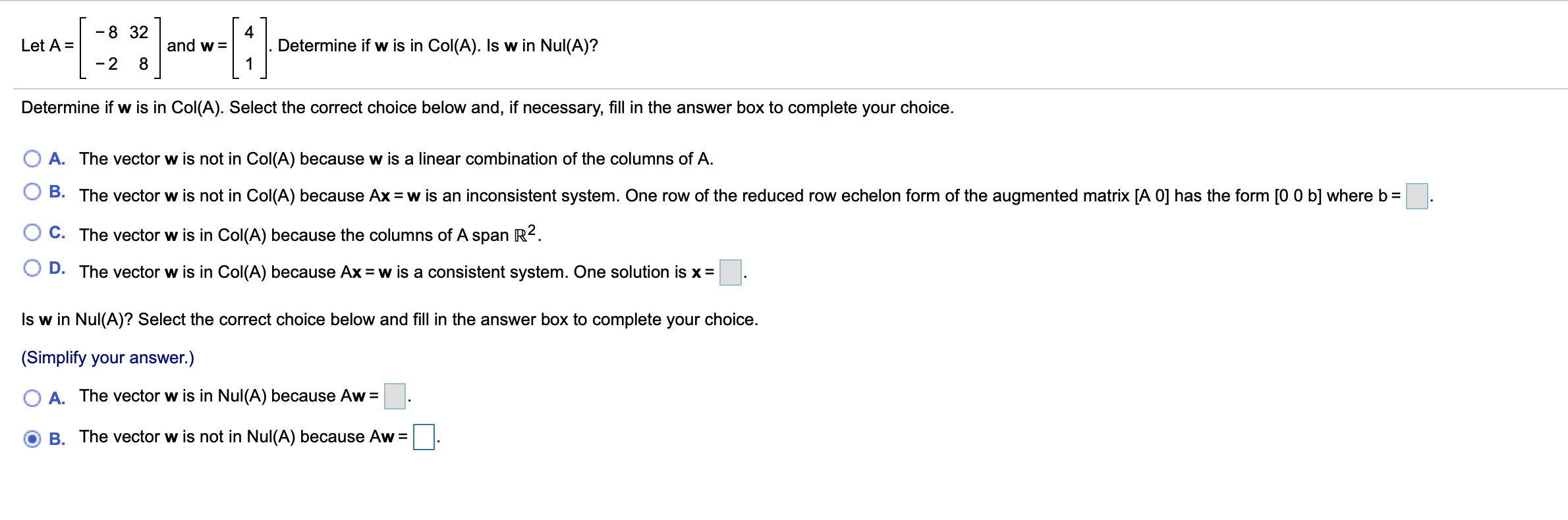 8 32 Let A And W 1 Determine If W Is In Col A Chegg Com