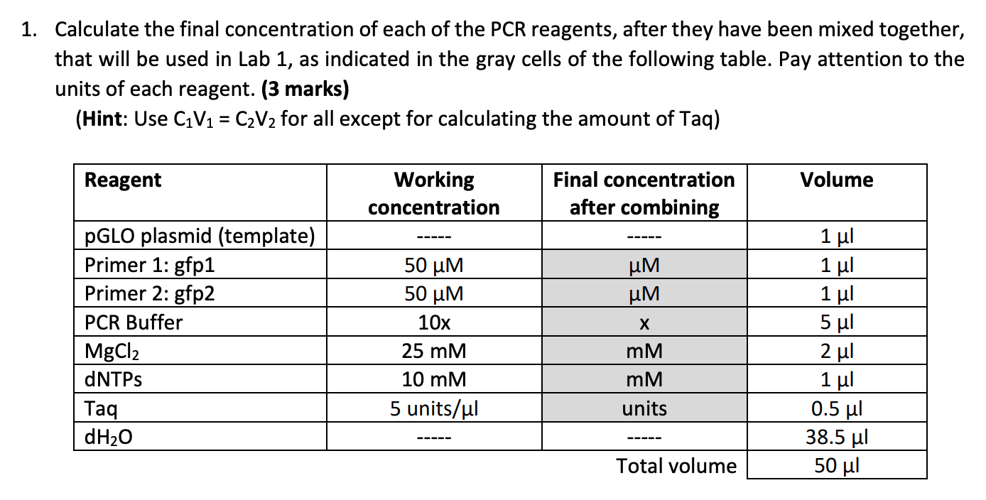 Solved 1. Calculate the final concentration of each of the