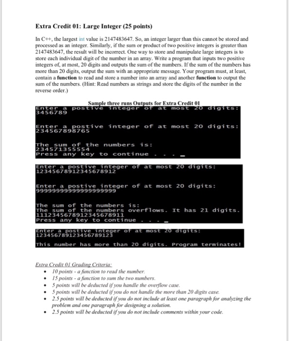 Solved Extra Credit 01: Large Integer (25 points) In C++, | Chegg.com