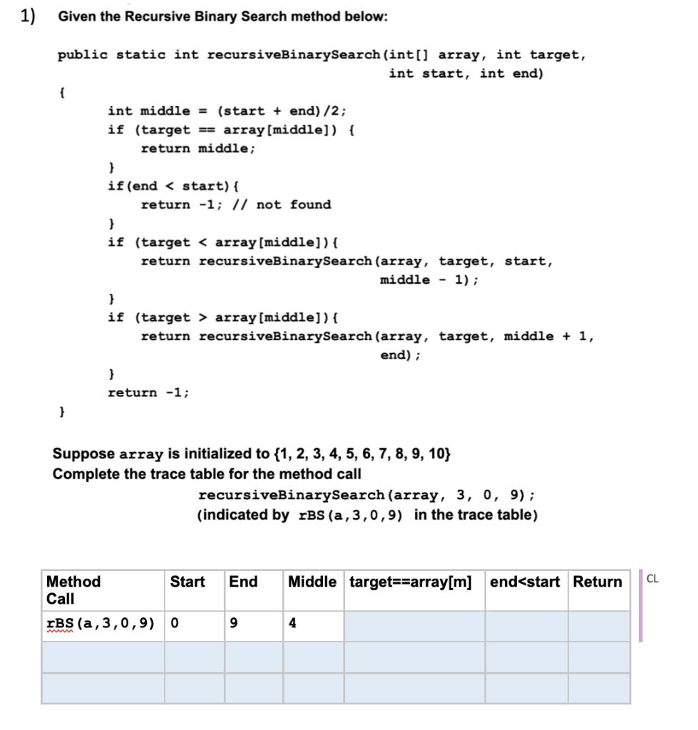 Solved Complete the trace table for the method call | Chegg.com