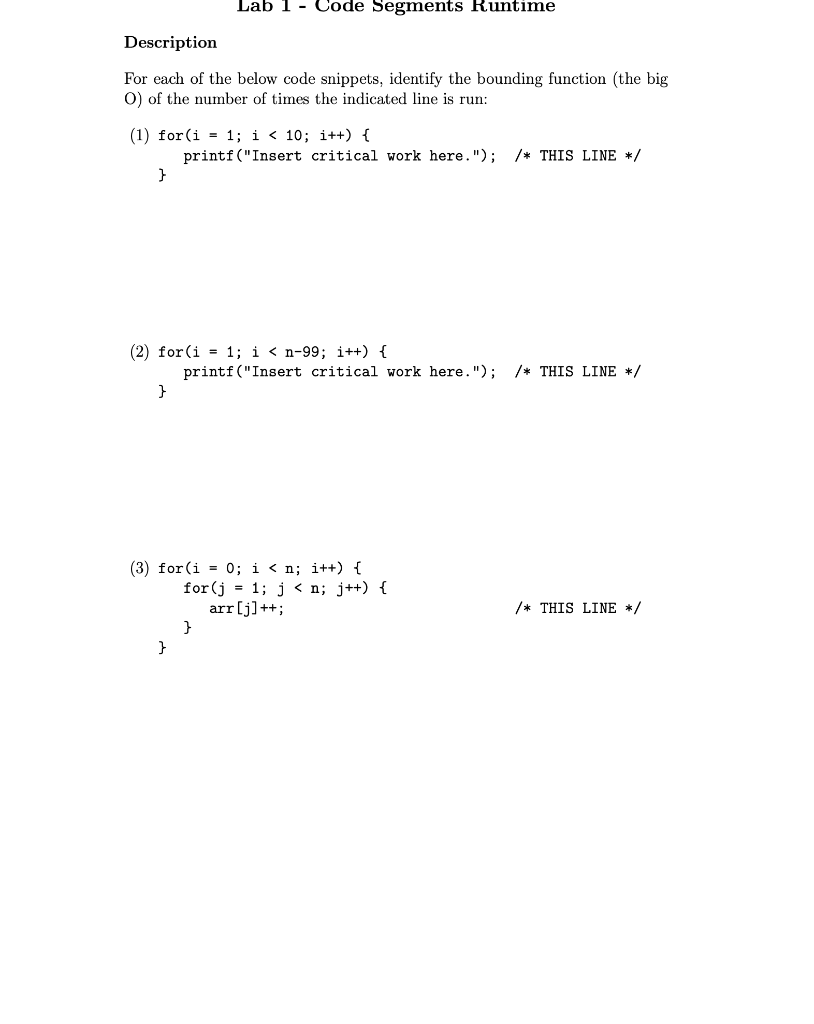 Solved Lab 1 - Code Segments Runtime Description For each of | Chegg.com