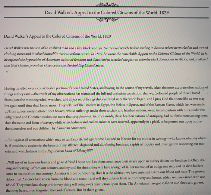 Solved the brief excerpt from David Walker’s An Appeal to