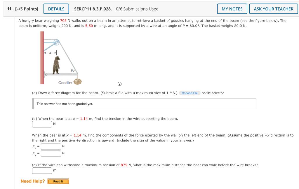 Solved A hungry bear weighing 705 N walks out on a beam in | Chegg.com