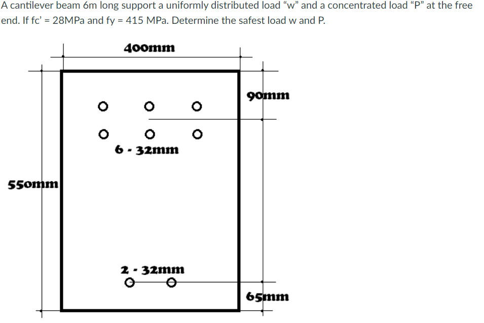 A cantilever beam 6m long support a uniformly distributed load w and a concentrated load P at the free
end. If fc = 28MP