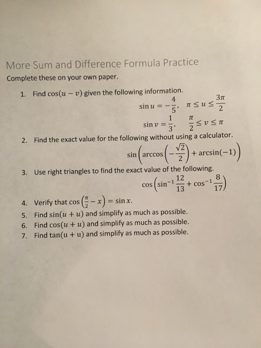 Solved More Sum and Difference Formula Practice Complete | Chegg.com