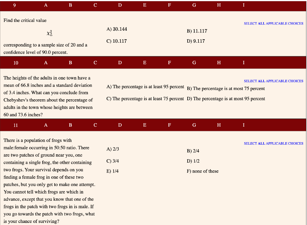 Solved 9 B C D E F G H Find the critical value SELECT ALL | Chegg.com