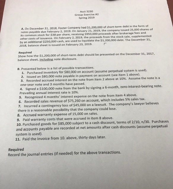 Solved Acct 3230 Group Exercise #2 Spring 2019 A. On | Chegg.com