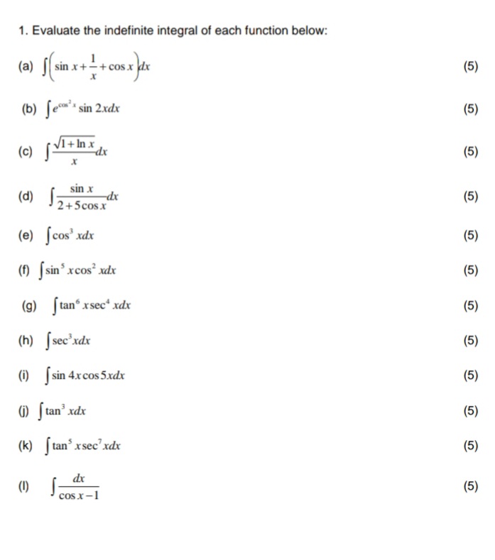 Solved 1. Evaluate the indefinite integral of each function | Chegg.com