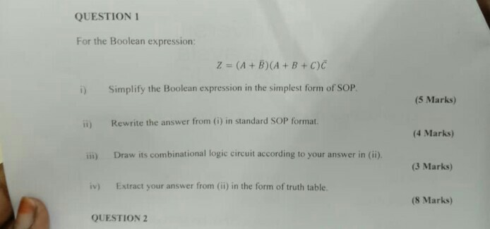 Solved QUESTION 1 For the Boolean expression: Z = (A + | Chegg.com