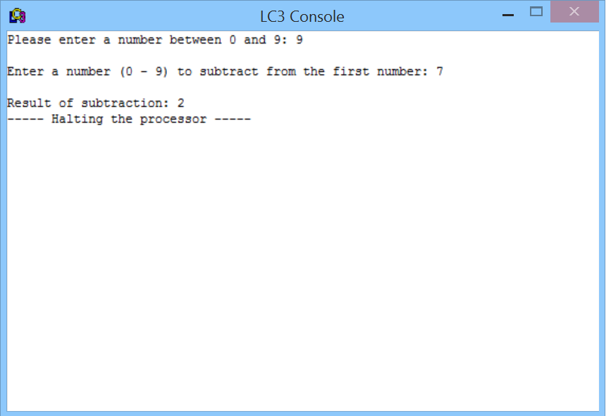 Please enter a number between 0 and 9: 9<br>Enter a number \( (0-9) \) to subtract from the first number: 7<br>Result of subtractio