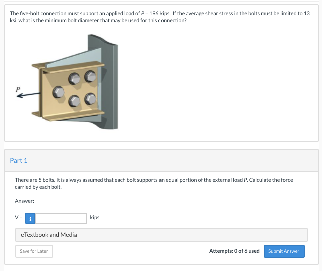 Solved The five-bolt connection must support an applied load | Chegg.com
