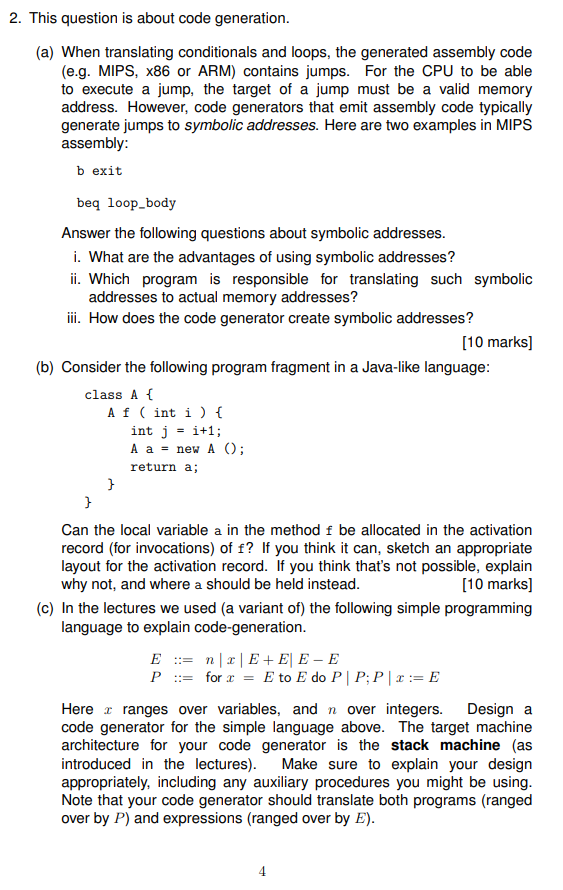 Solved 2. This question is about code generation. (a) When | Chegg.com