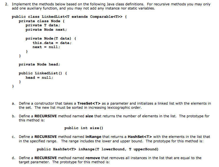 2. Implement the methods below based on the following | Chegg.com