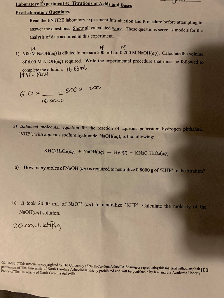 Solved Laboratory Experiment 4 Titrations of Acids and
