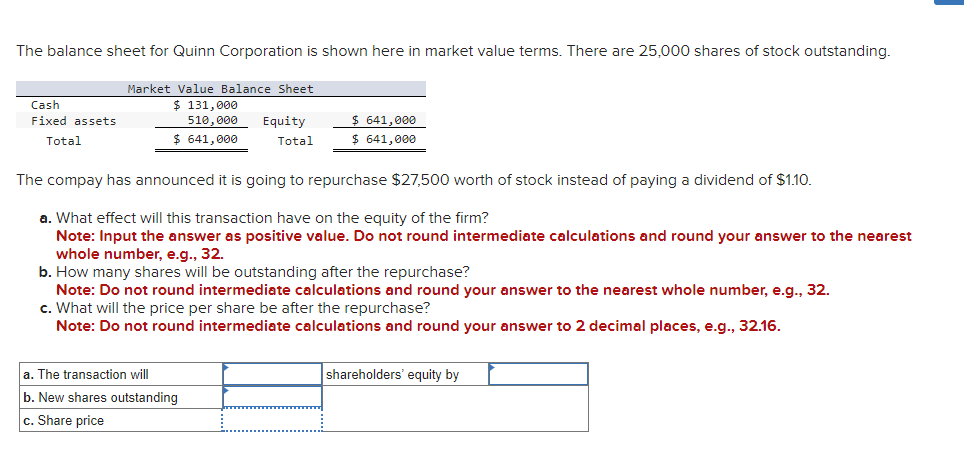 Solved The balance sheet for Quinn Corporation is shown here | Chegg.com