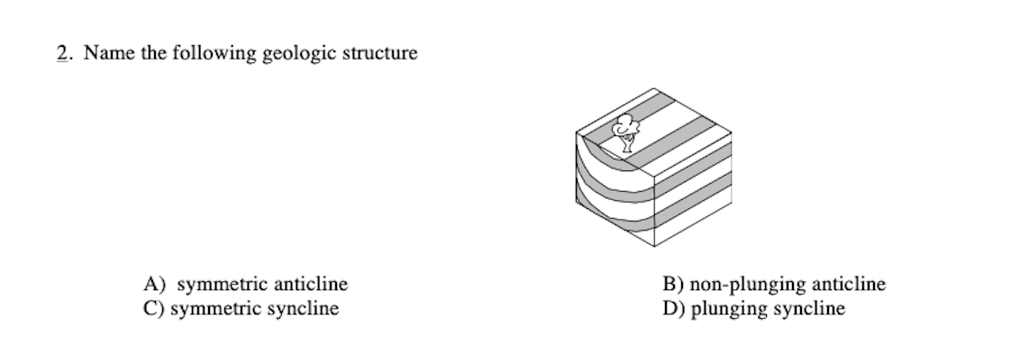 2. Name the following geologic structure
A) symmetric anticline
B) non-plunging anticline
C) symmetric syncline
D) plunging s