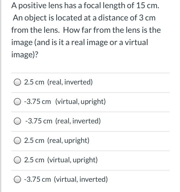 Solved A positive lens has a focal length of 15 cm. An