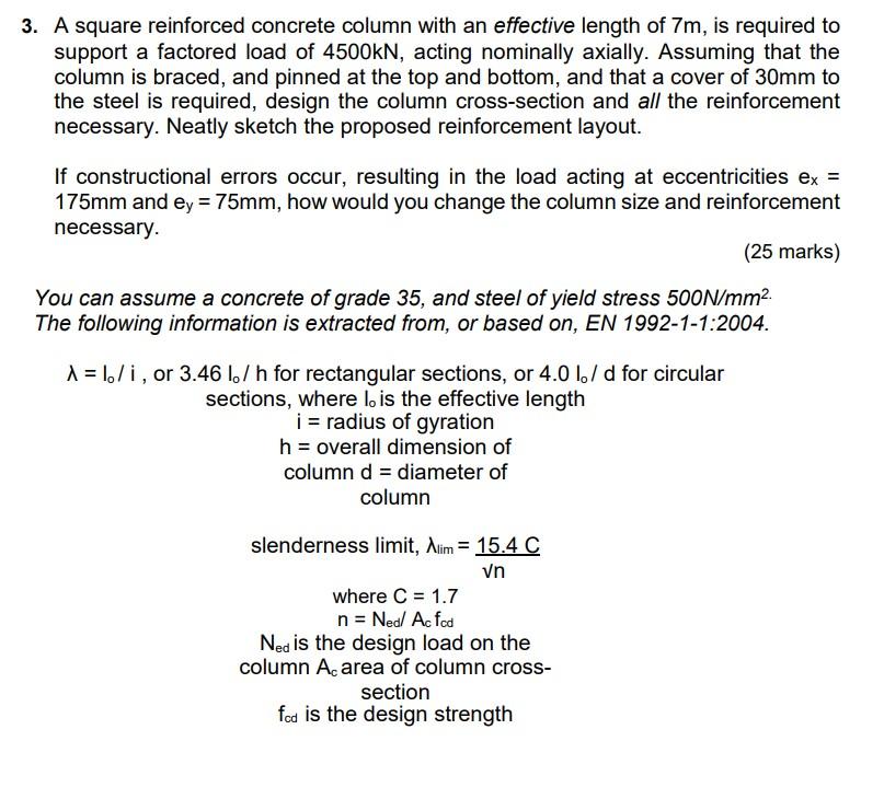 Solved 3. A Square Reinforced Concrete Column With An | Chegg.com