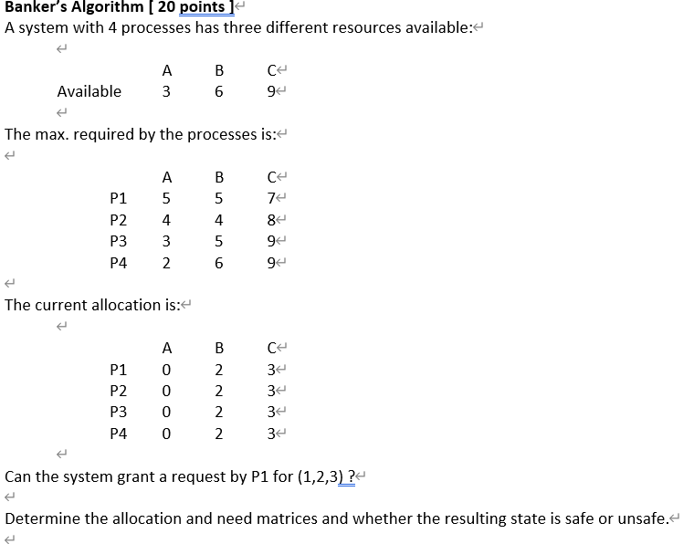 Solved Banker's Algorithm [ 20 points ] A system with 4 | Chegg.com