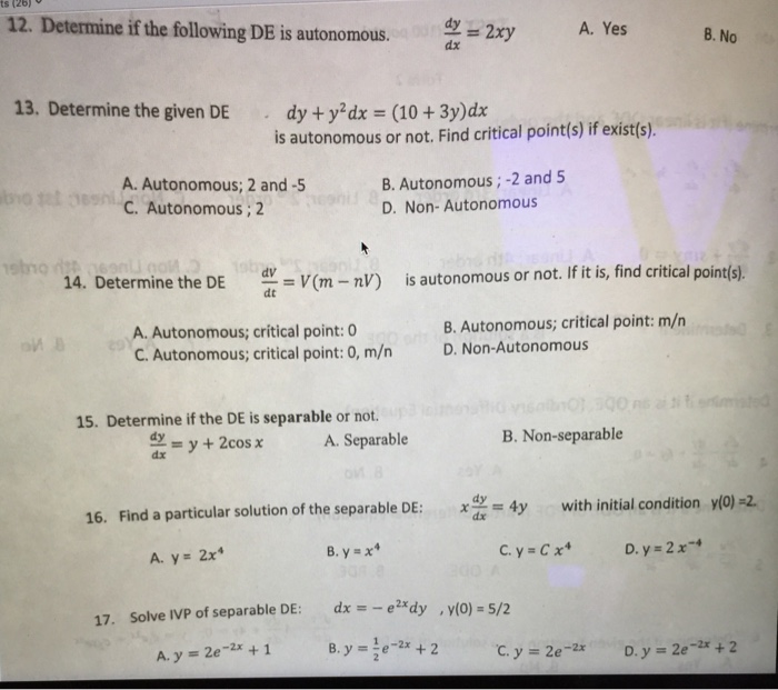 Solved ts (26) 12. Determine if the following DE is | Chegg.com