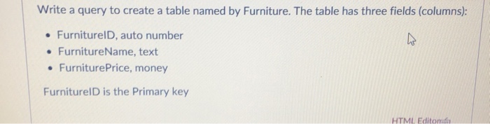 Solved Write a query to create a table named by Furniture. | Chegg.com