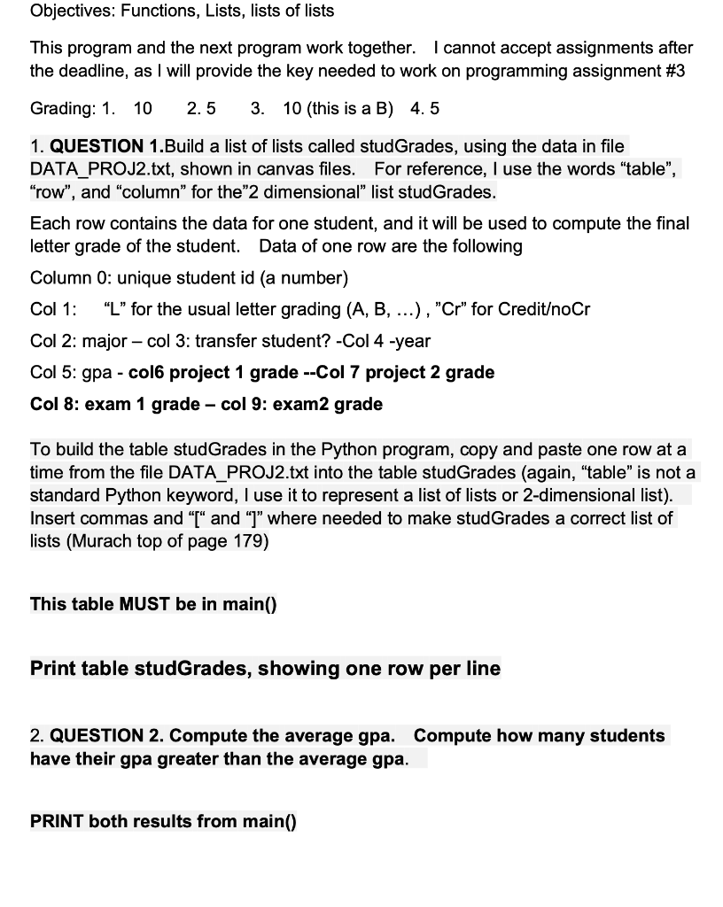 Solved Objectives: Functions, Lists, lists of lists This | Chegg.com