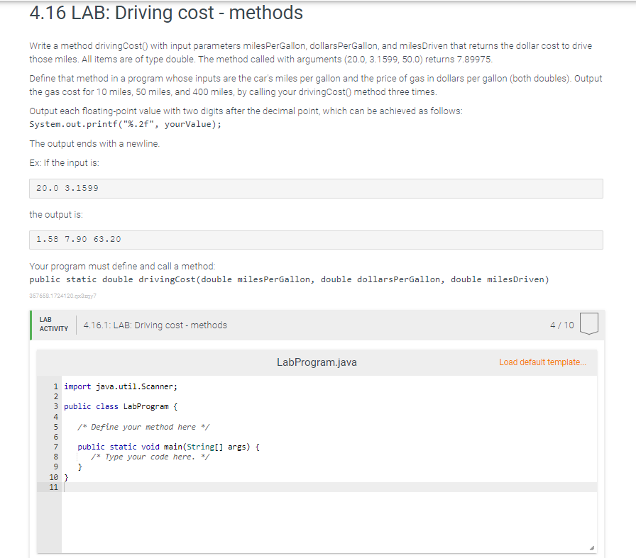 Solved 4.16 LAB: Driving cost - methods Write a method | Chegg.com