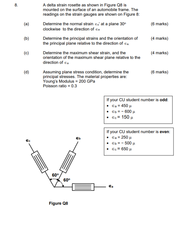 Solved 8. A delta strain rosette as shown in Figure Q8 is | Chegg.com