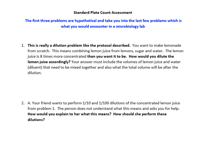 Solved Standard Plate Count Assessment The first three