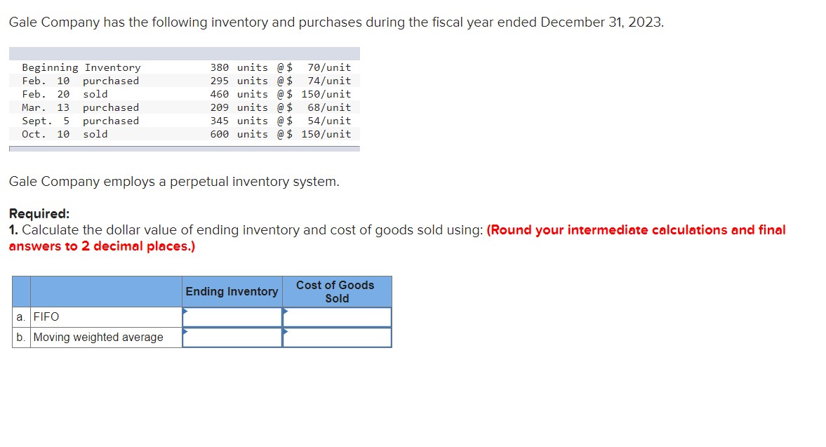 Solved Gale Company has the following inventory and | Chegg.com
