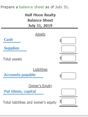 Prepare a balance sheet as of july 31. half moon realty balance sheet july 31, 2019 assets cash supplies total assets liabili