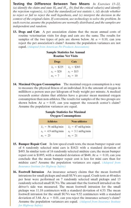 Solved Testing the Difference Between Two Means In Exercises | Chegg.com