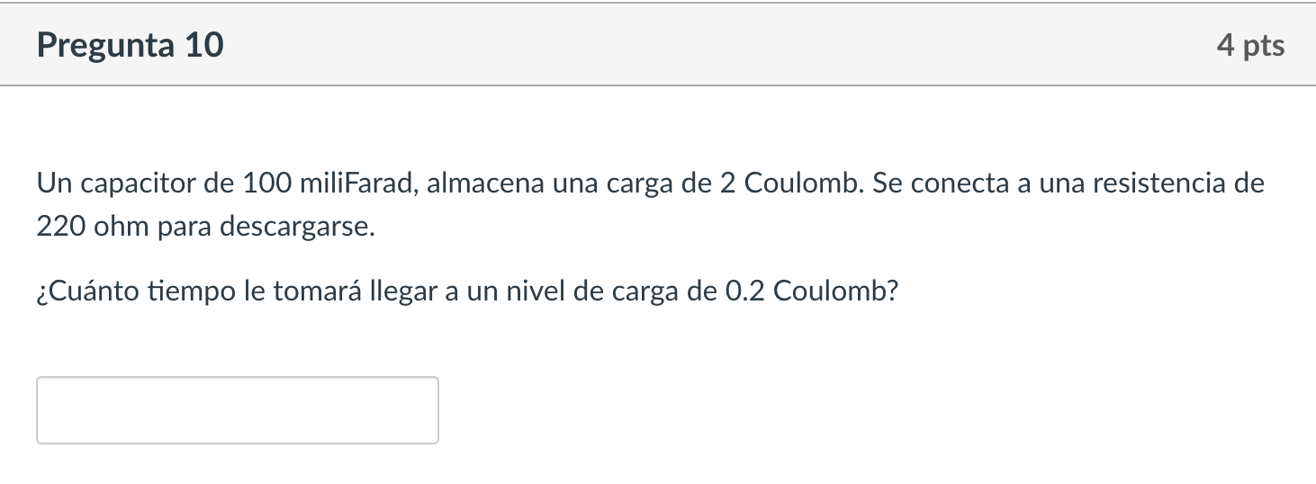 Un capacitor de 100 miliFarad, almacena una carga de 2 Coulomb. Se conecta a una resistencia de 220 ohm para descargarse.
¿Cu