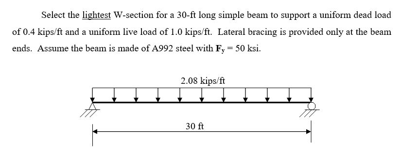 Solved Select the lightest W-section for a 30-ft long simple | Chegg.com