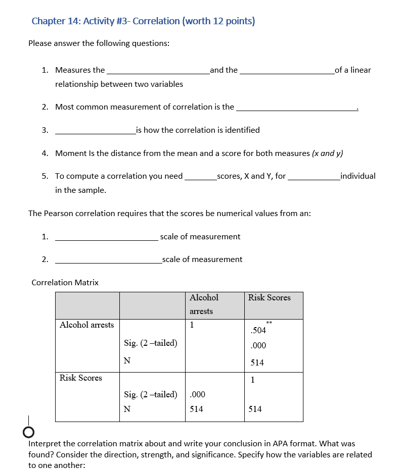 Solved Chapter 14: Activity #3- Correlation (worth 12 | Chegg.com