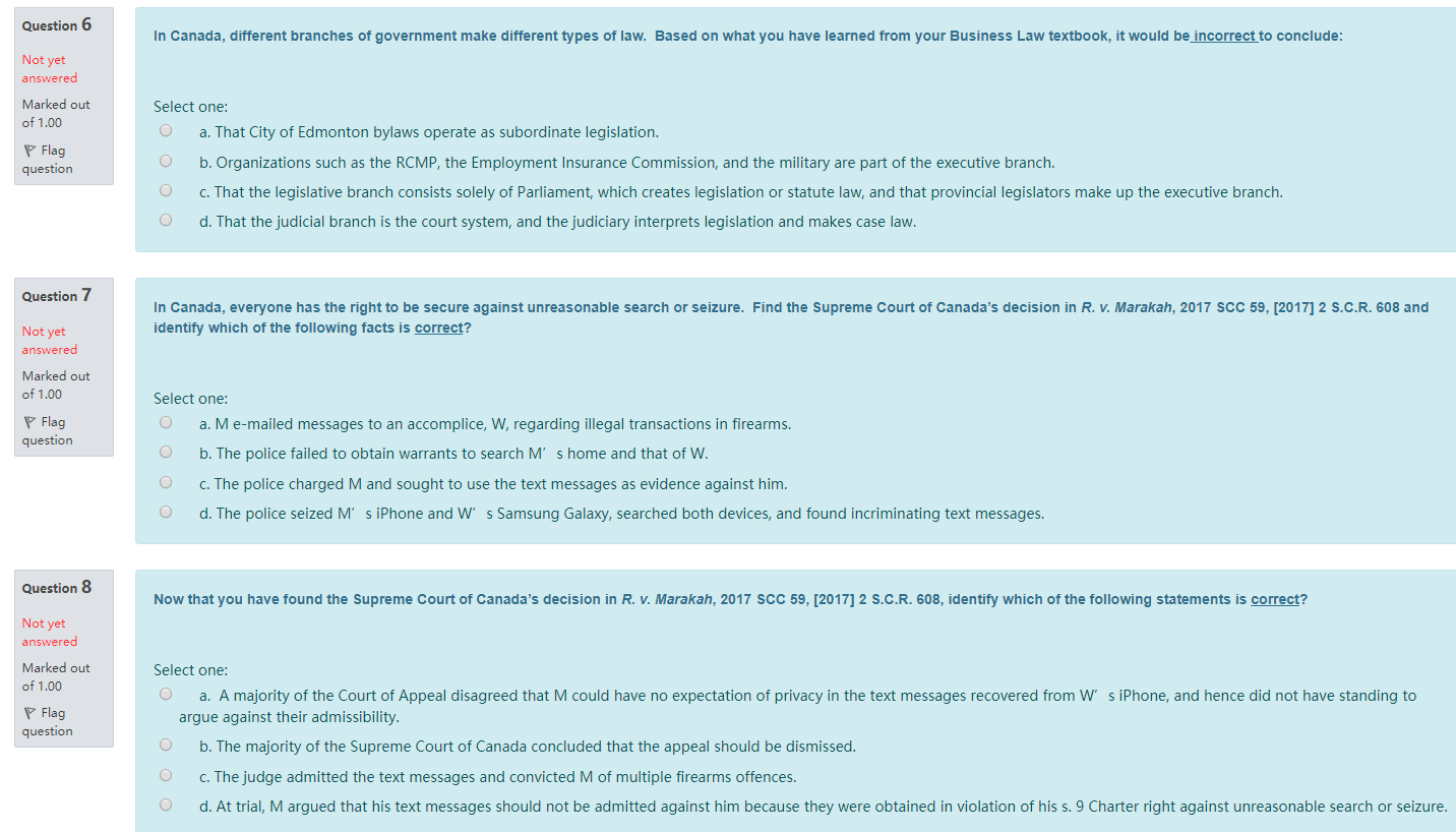 Solved Question 6 In Canada Different Branches Of Chegg