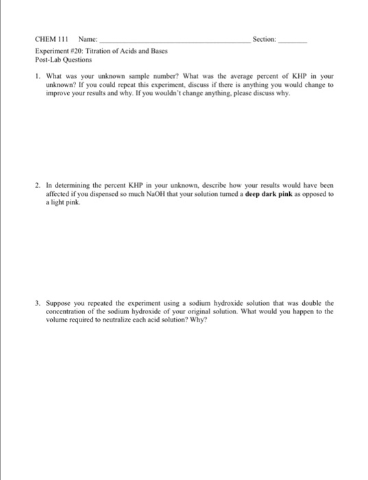 CHEM 111 Name Section: Experiment #20: Titration of | Chegg.com