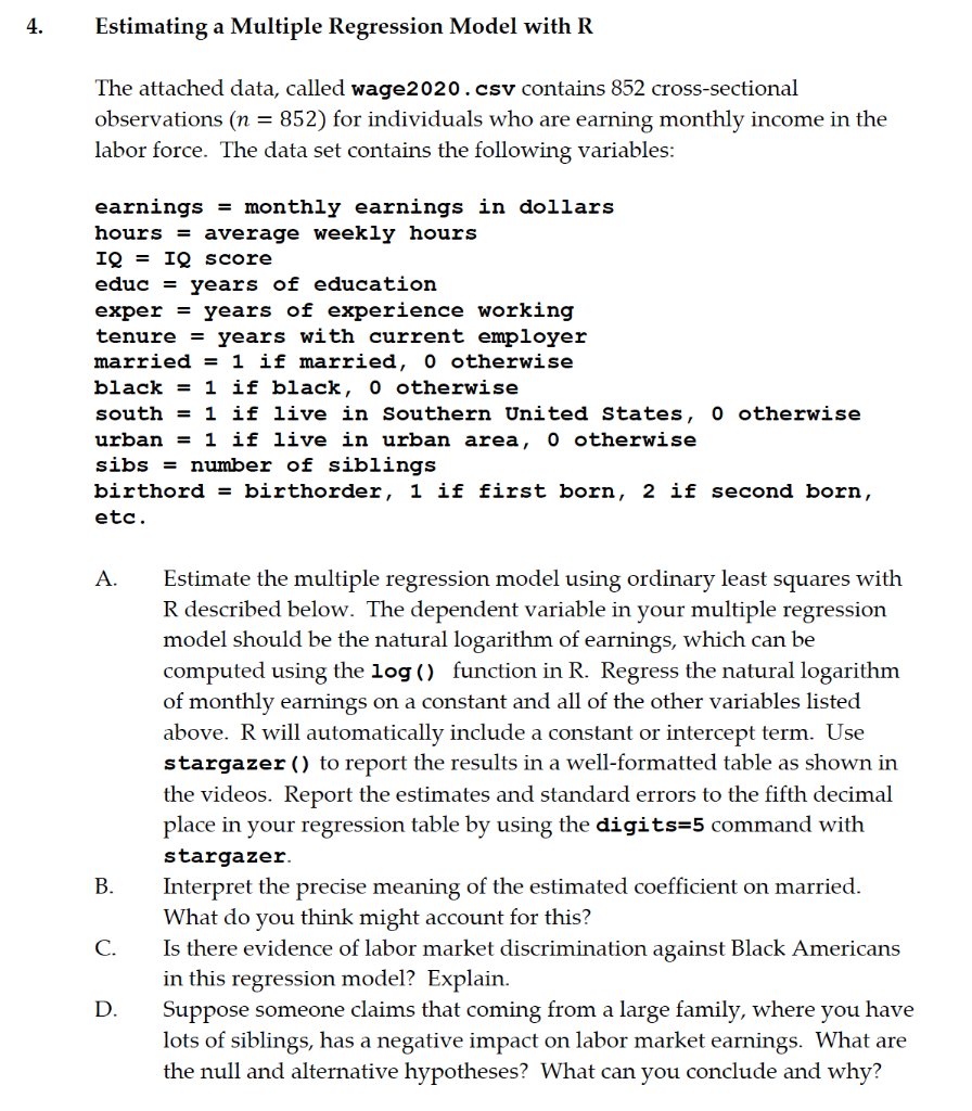 4. Estimating a Multiple Regression Model with R The | Chegg.com