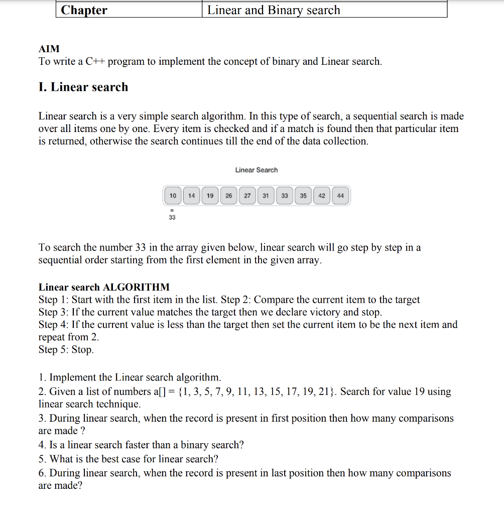 Solved Chapter Linear and Binary search AIM To write a C++ | Chegg.com