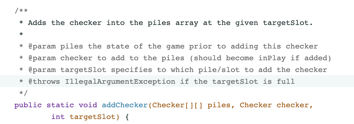 Solved /** * Adds the checker into the piles array at the | Chegg.com