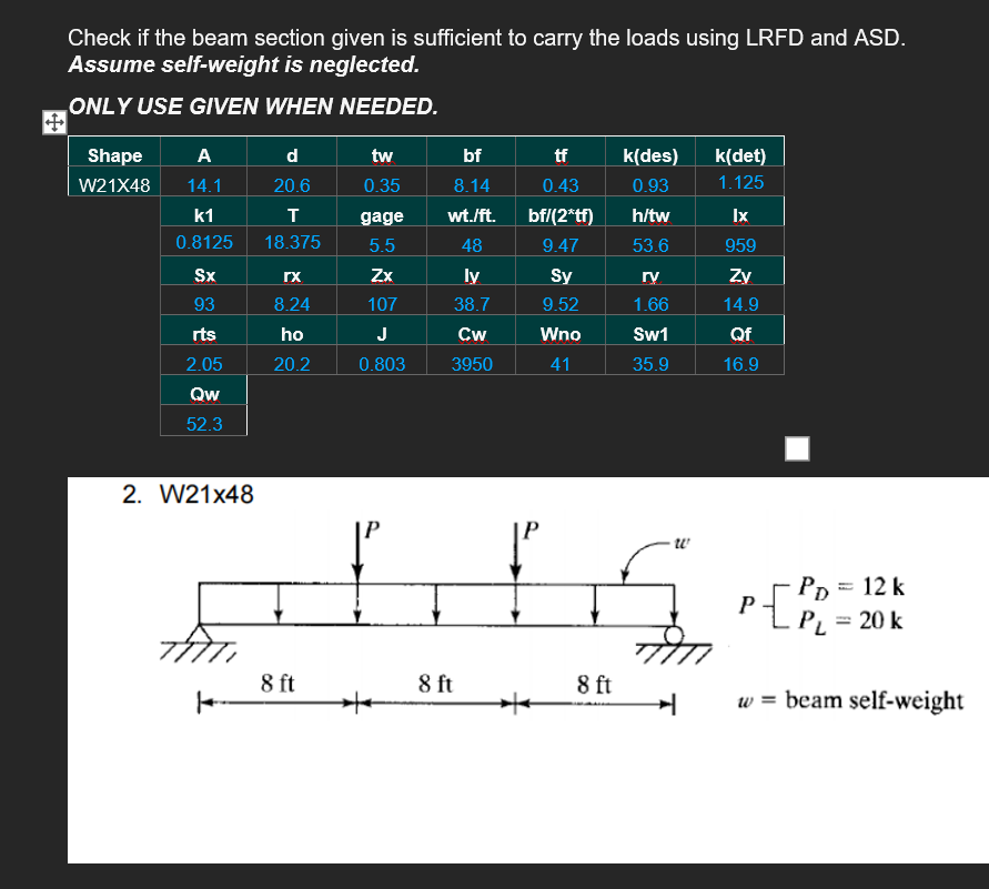 Solved Check if the beam section given is sufficient to | Chegg.com